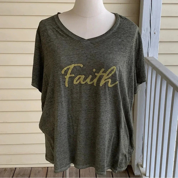 Cato Plus 26W 28W Olive Green Burnout Top Embroidered Faith Blouse Tee T-shirt - Picture 1 of 7